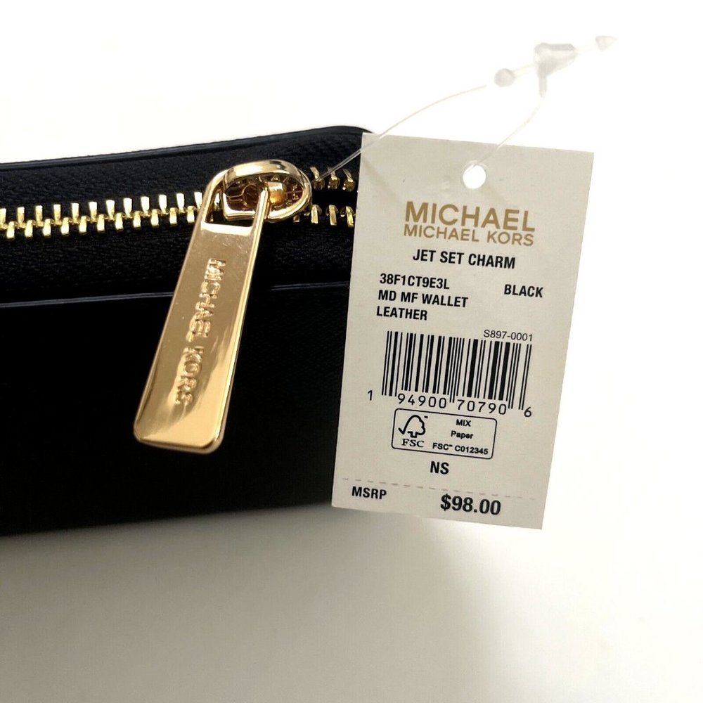 Michael Kors Jet Set Charm Wallet Black Saffiano Leather Zip Logo Long NWT - Picture 6 of 6